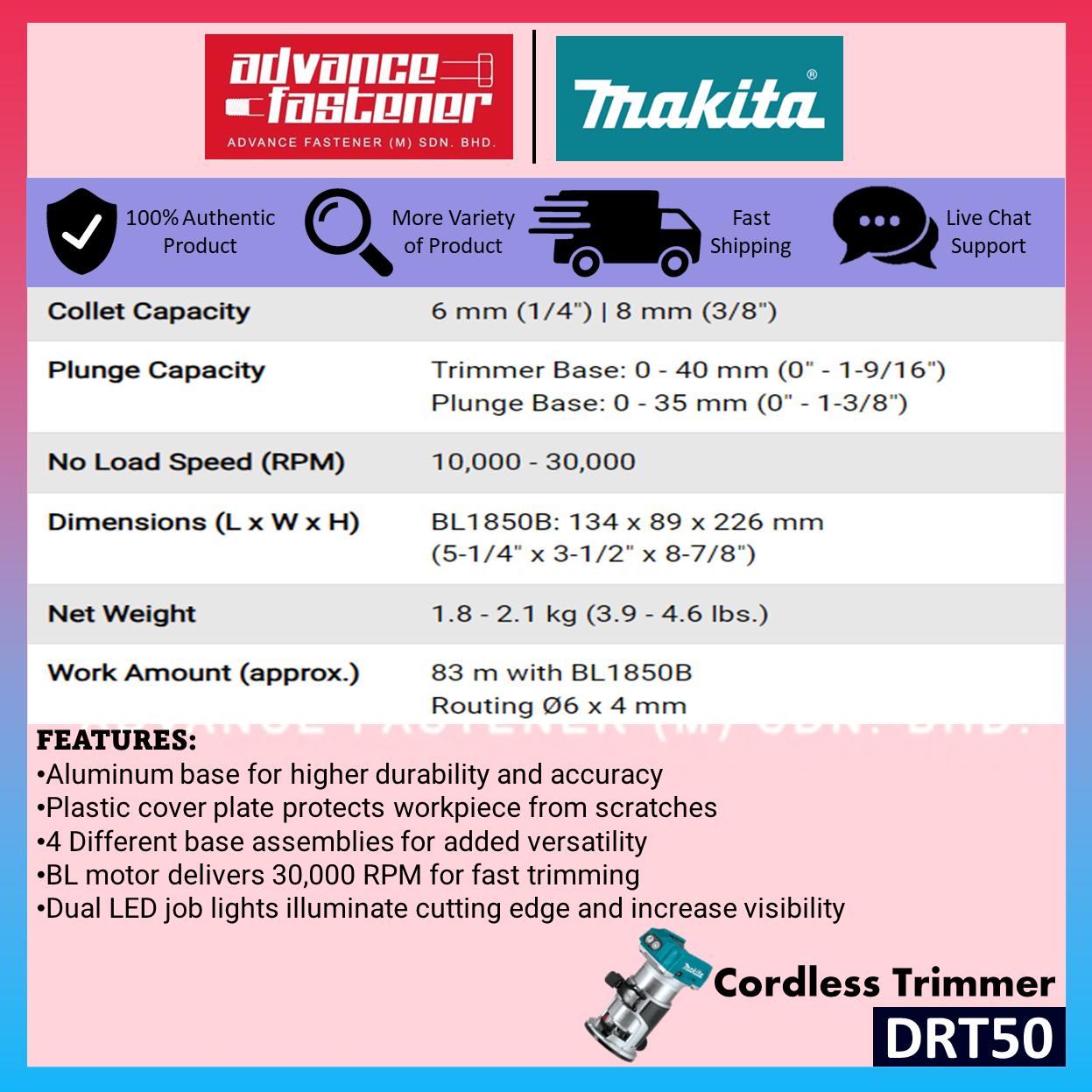 Makita DRT50ZJX9 / DRT50Z 18V Cordless Trimmer Router 6MM (1/4") , 8MM (3/8") | Mesin Trimmer Kayu