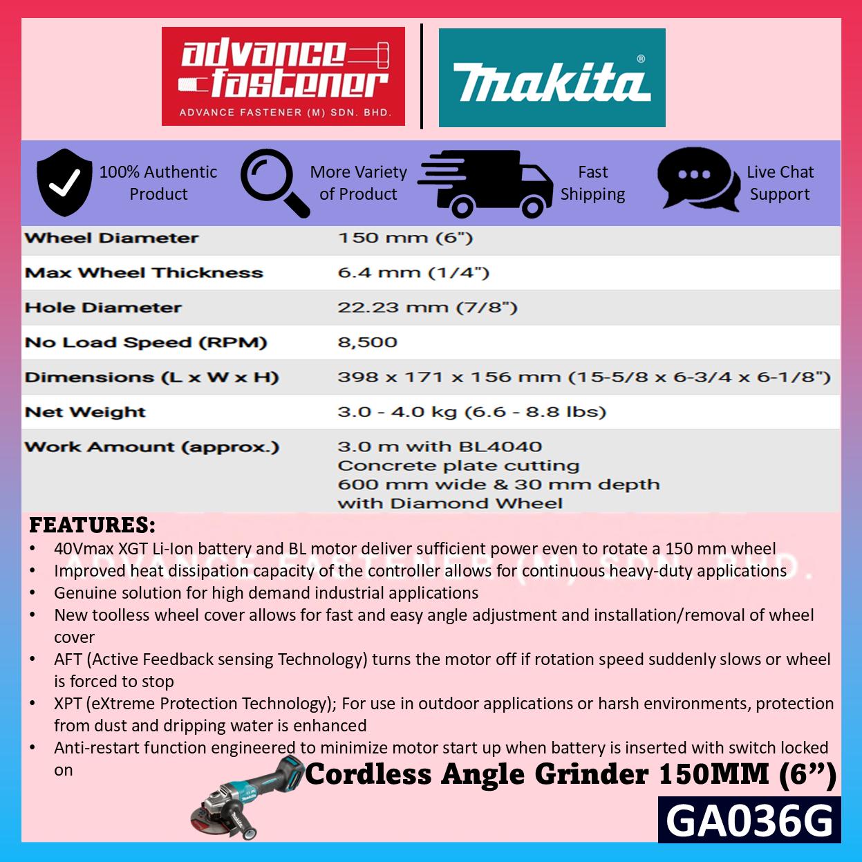 MAKITA GA036GZ 40Vmax Cordless Angle Grinder 150MM ( 6" ) ( Paddle Switch )