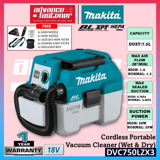 MAKITA DVC750LZ / DVC750LZX1 /DVC750LZX3 18V Cordless Portable Vacuum Cleaner (Wet & Dry)