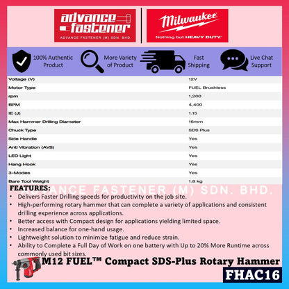 Milwaukee FHAC16-601B / FHAC16-0 M12 FUEL Compact SDS-Plus Rotary Hammer 16MM