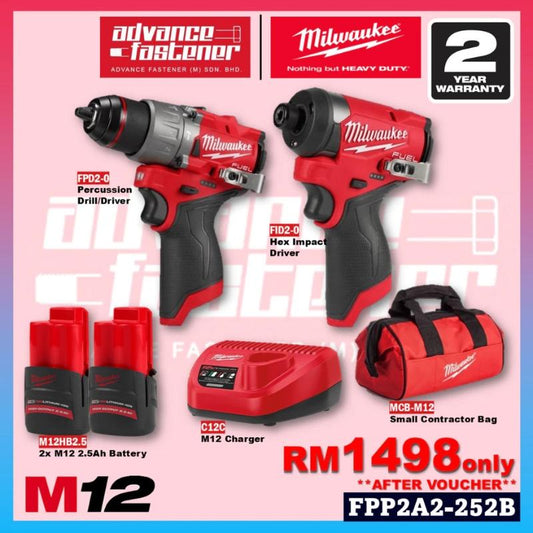 Milwaukee M12 FPP2A20-302X SA ESSENTIAL Combo ( FPD2-0 Percussion Drill / Driver 13mm & FID2-0 Hex Impact Driver 1/4" )