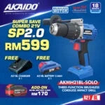 AKAIDO AKMH21BL 21V Brushless Impact Drill (Three- Function) （Add-on 4.0Ah Battery RM170 only）(18 Ｍonth Warranty)