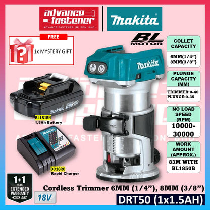 Makita DRT50ZJX9 / DRT50Z 18V Cordless Trimmer Router 6MM (1/4") , 8MM (3/8") | Mesin Trimmer Kayu
