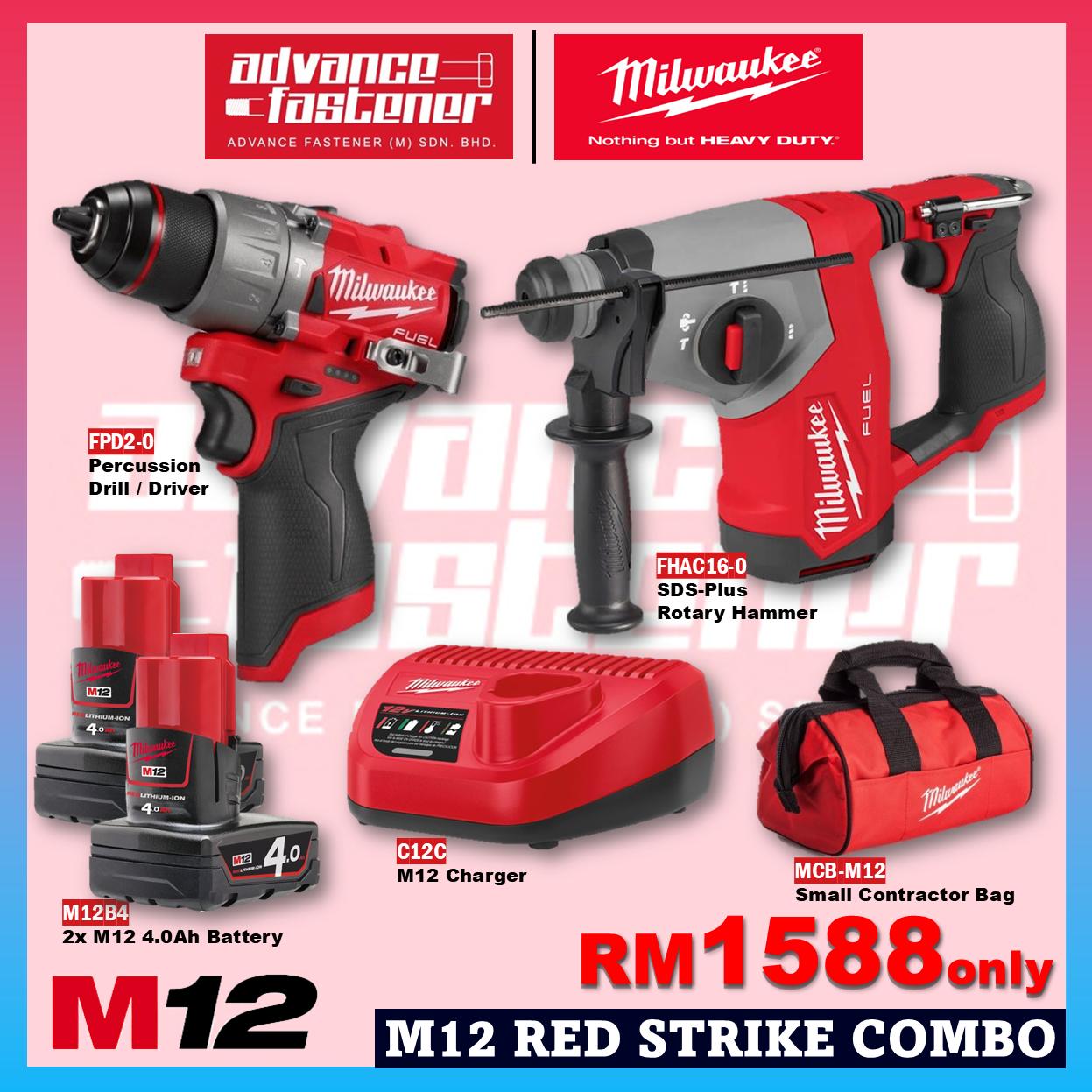 Milwaukee M12 FUEL RED STRIKE COMBO ( FHAC16 Rotary Hammer / FPD2 Percussion Drill Driver / FDGS Straight Die Grinder )