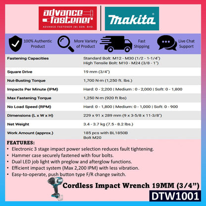 MAKITA DTW1001JX2 / DTW1001JX3 / DTW1001Z 18V Cordless Impact Wrench 19MM (3/4") 1700N.m