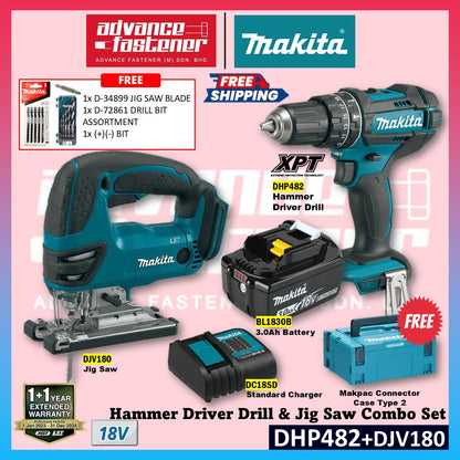 Makita 18V Cordless Combo Set ( DHP482 Cordless Hammer Driver Drill / DJV180 Cordless Jig Saw)