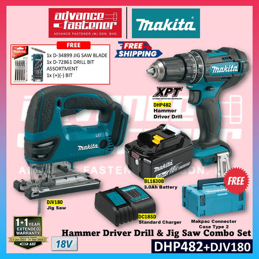 Makita 18V Cordless Combo Set ( DHP482 Cordless Hammer Driver Drill / DJV180 Cordless Jig Saw)