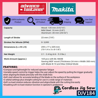 Makita 18V Cordless Combo Set ( DHP482 Cordless Hammer Driver Drill / DJV184 Cordless Jig Saw)
