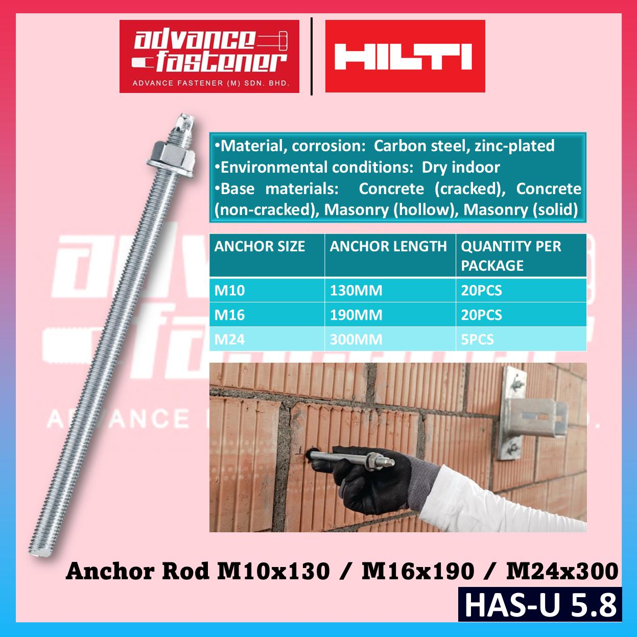 HILTI HAS-U 5.8 Anchor Rod M10 x 130 / M16 x 190 / M24 x 300 (5.8 Carbon Steel, Zinc-Plated)
