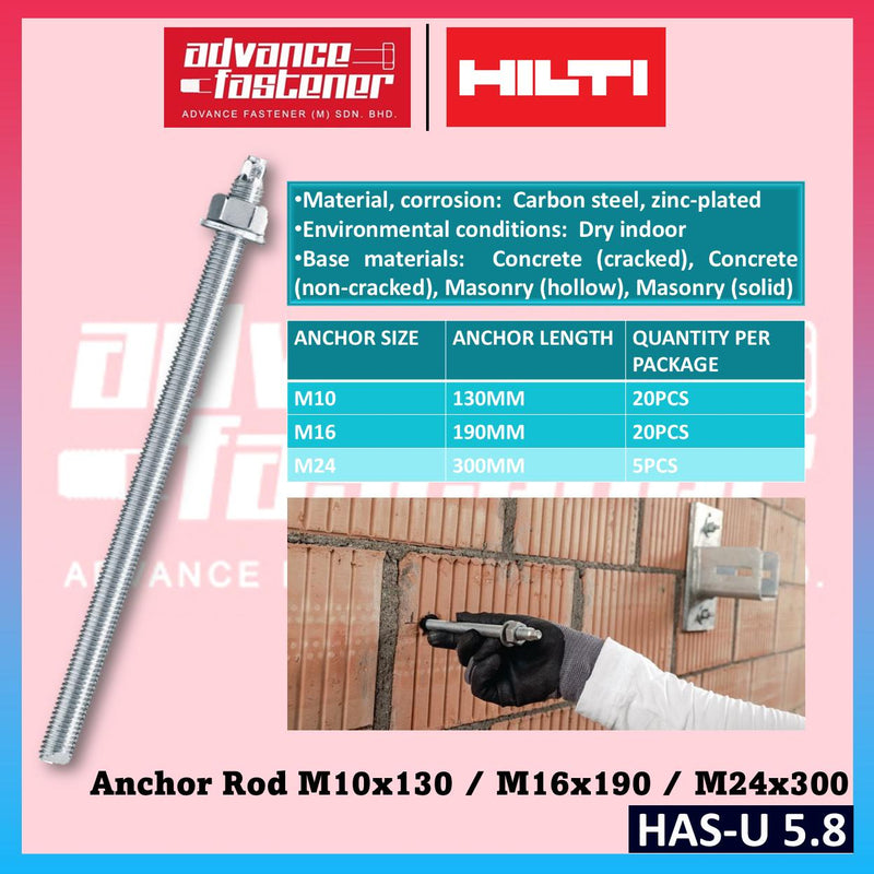 HILTI HAS-U 5.8 Anchor Rod M10 x 130 / M16 x 190 / M24 x 300 (5.8 Carbon Steel, Zinc-Plated)