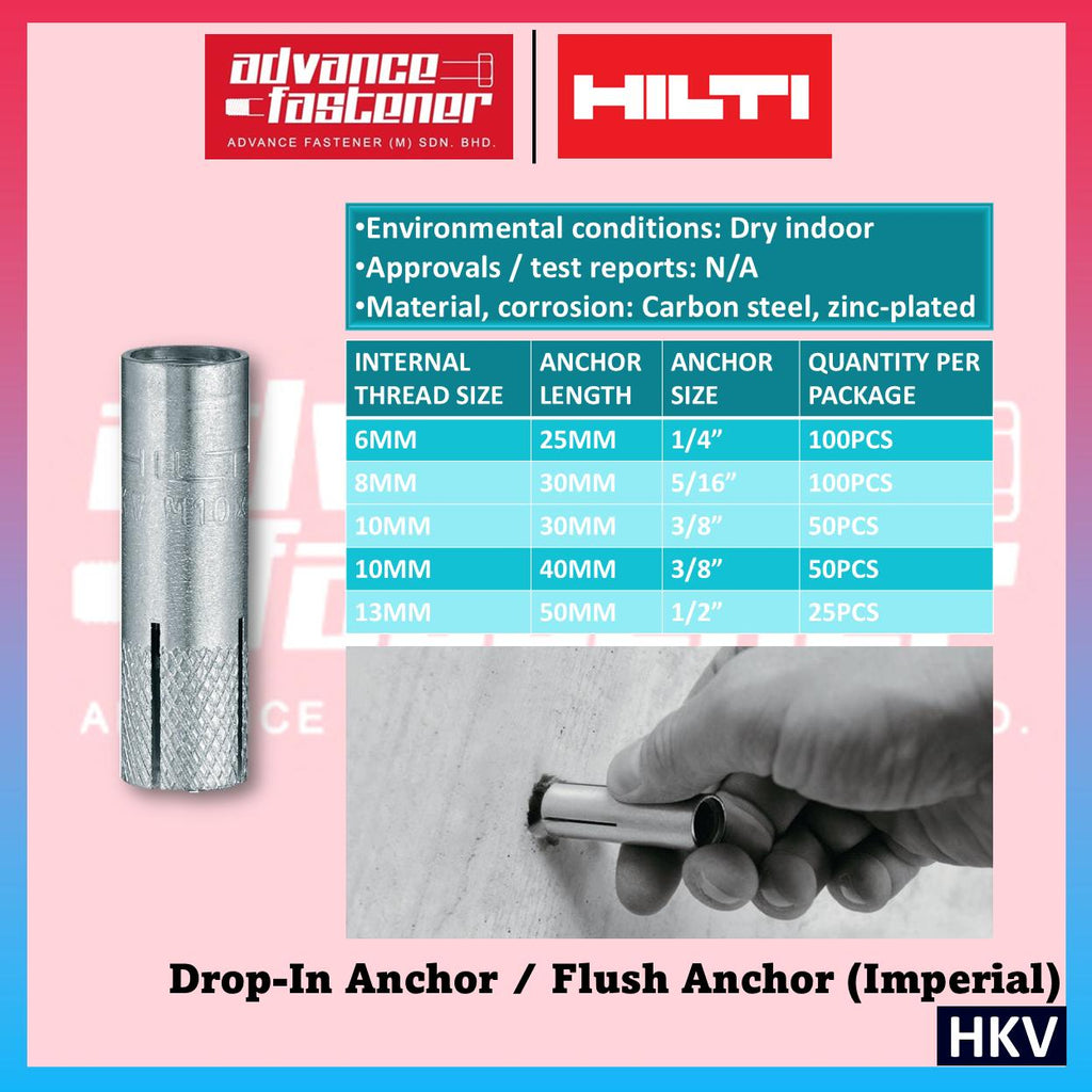 Hilti HKV Drop-in Anchor / Flush Anchor (imperial) 1/4"x25 & 5/16"x30 & 3/8"x30 & 3/8"x40 & 1/2"x50