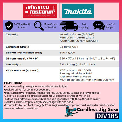Makita DJV185 / DJV185Z 18V Cordless Jig Saw