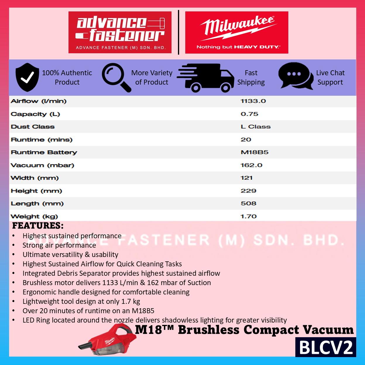 Milwaukee BLCV2-501 / BLCV2-0 M18 Brushless Compact Handheld Vacuum