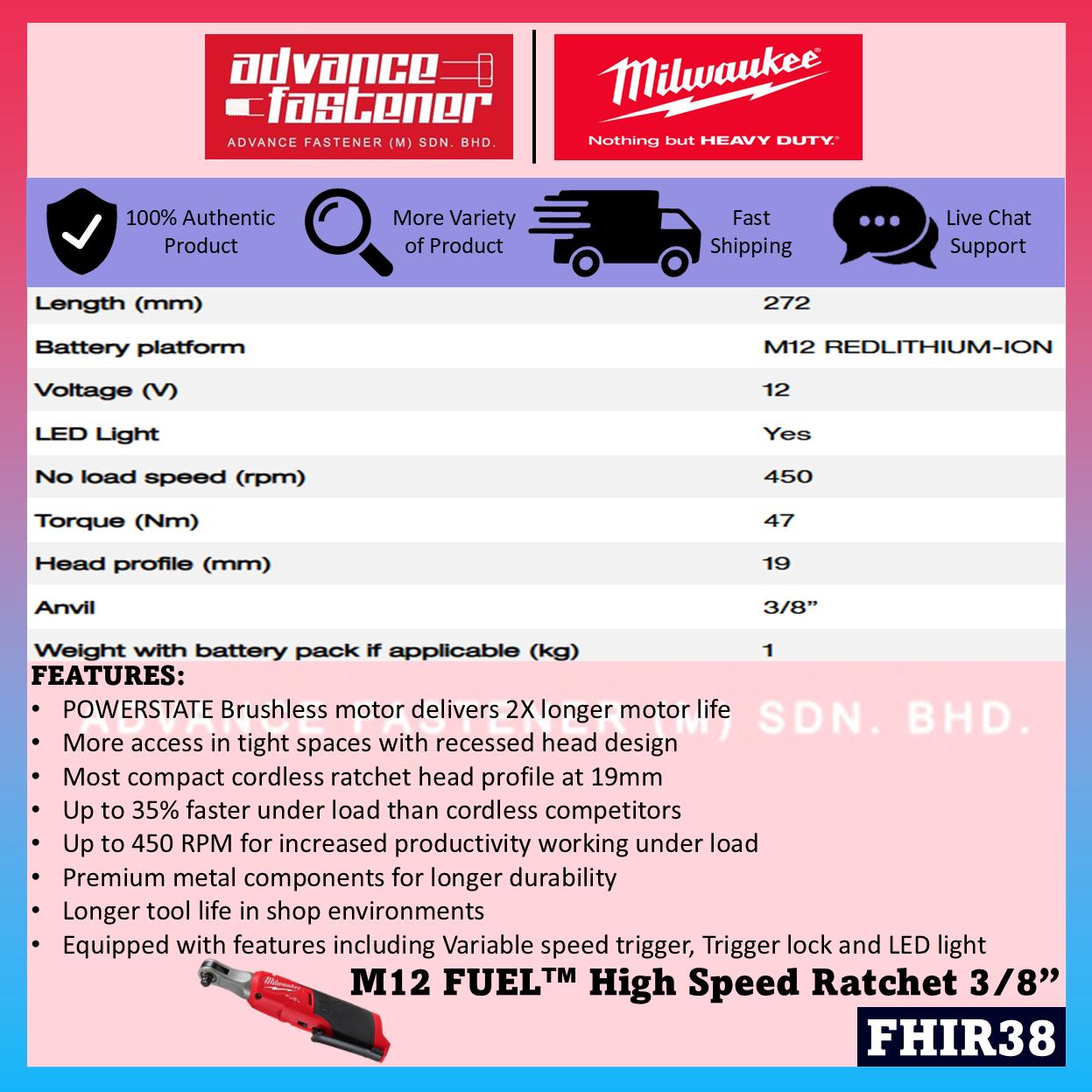 Milwaukee FHIR38-0 M12 FUEL High Speed Ratchet Wrench 3/8" 47Nm