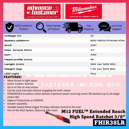 Milwaukee FHIR38LR-0 M12 FUEL Extended Reach High Speed Ratchet Wrench 3/8" 47Nm