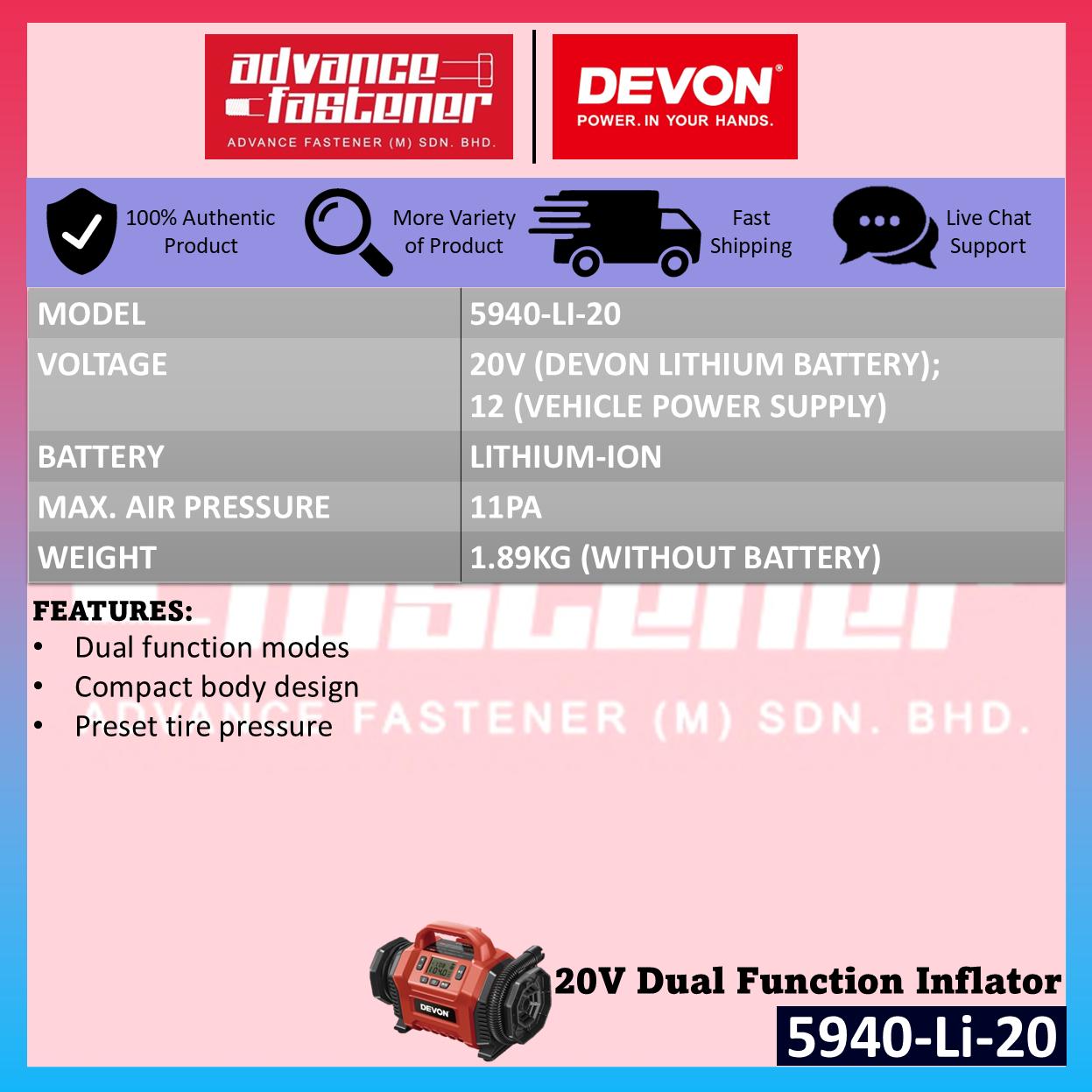 Devon 20V Cordless Emergency Utility Combo ( 5940-Li-20 Dual Function Inflator 5532-Li-20 Work Light