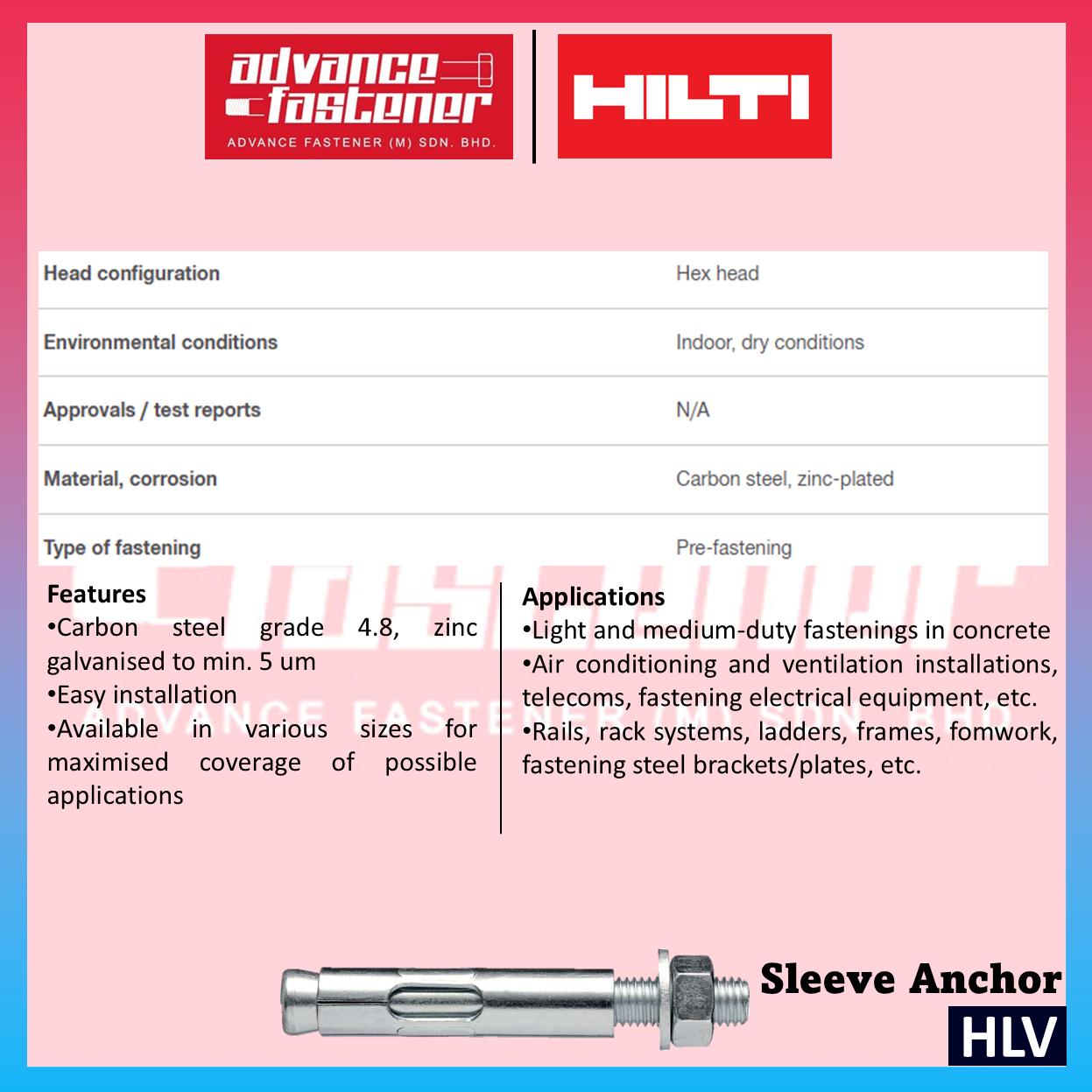 Hilti HLV Sleeve Anchor 8x35/4 & 10x45/10 & 12x48/10 & 16x68/20 (Package)