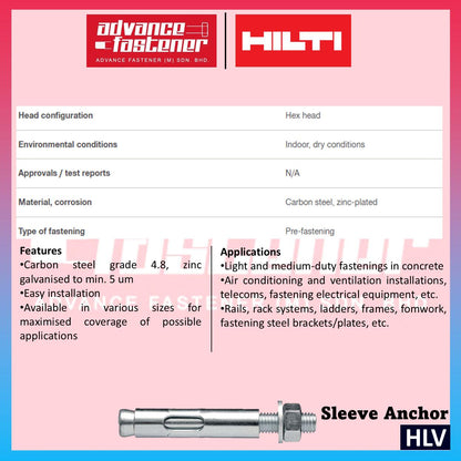 Hilti HLV Sleeve Anchor 8x35/4 & 10x45/10 & 12x48/10 & 16x68/20 (Package)