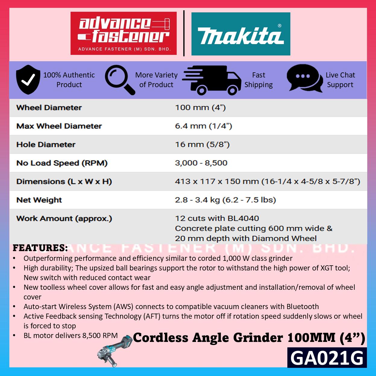 MAKITA GA021GZK 40Vmax Cordless Angle Grinder 100MM ( 4" ) ( Top Slide Swtich )