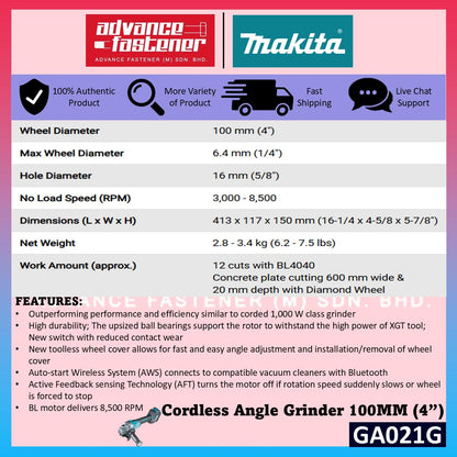 MAKITA GA021GZK 40Vmax Cordless Angle Grinder 100MM ( 4" ) ( Top Slide Swtich )