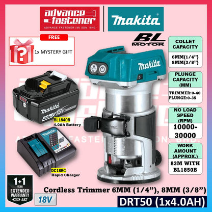 Makita DRT50ZJX9 / DRT50Z 18V Cordless Trimmer Router 6MM (1/4") , 8MM (3/8") | Mesin Trimmer Kayu