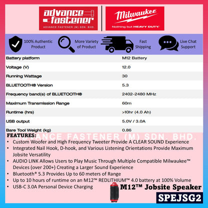 Milwaukee M12 Jobsite Speaker Duo Kit SPEJSG2-0 M12 Jobsite AUDIO LINK Speaker
