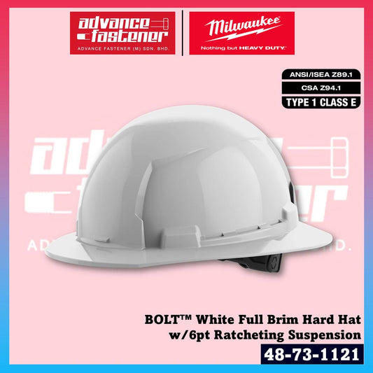 Milwaukee 48-73-1121 BOLT White Full Brim Hard Hat w/6pt Ratcheting Suspension - Type 1, Class E