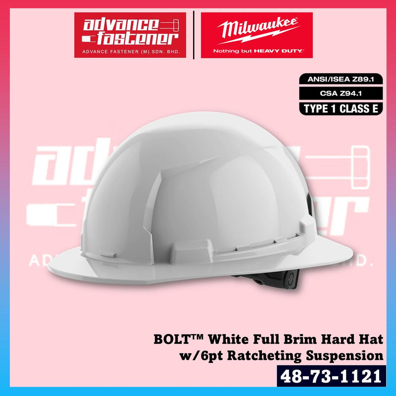 Milwaukee 48-73-1121 BOLT White Full Brim Hard Hat w/6pt Ratcheting Suspension - Type 1, Class E