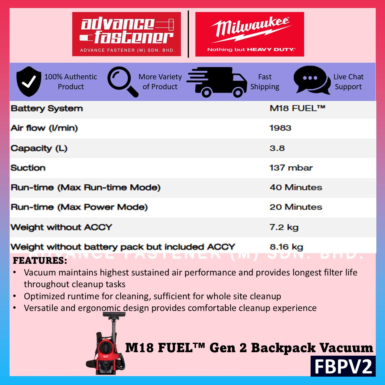 Milwaukee FBPV2-801 / FBPV2-0 M18 FUEL Gen 2 Backpack Vacuum