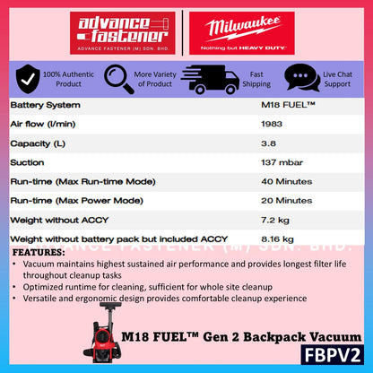 Milwaukee FBPV2-801 / FBPV2-0 M18 FUEL Gen 2 Backpack Vacuum