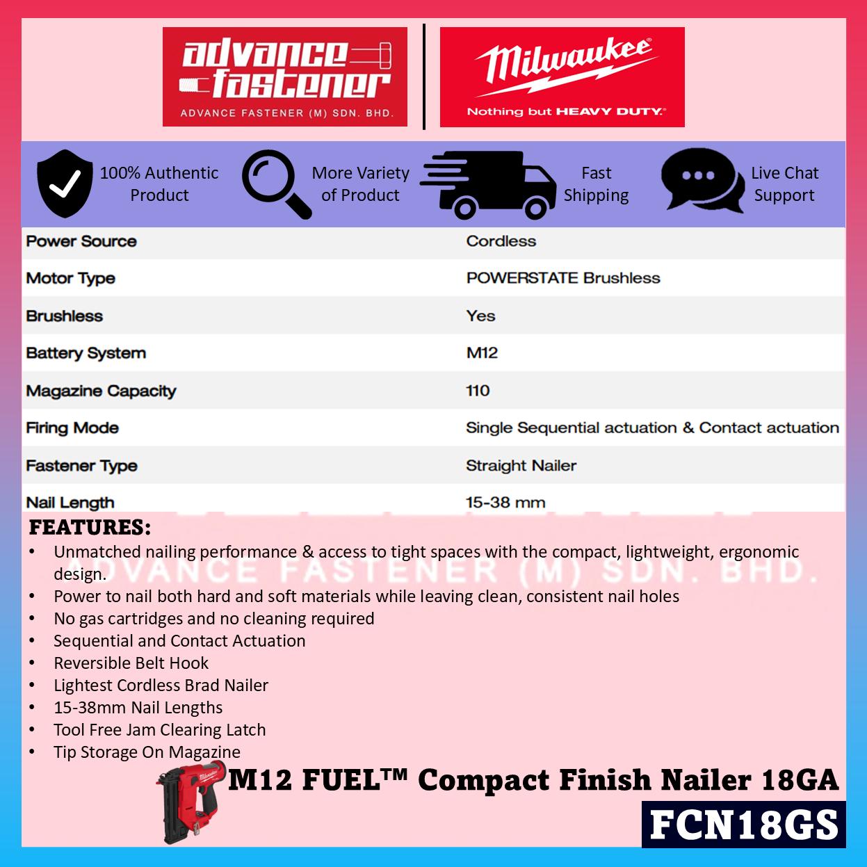 Milwaukee FCN18GS-601X / FCN18GS-0X0 M12 FUEL Compact Finish Nailer 18GA