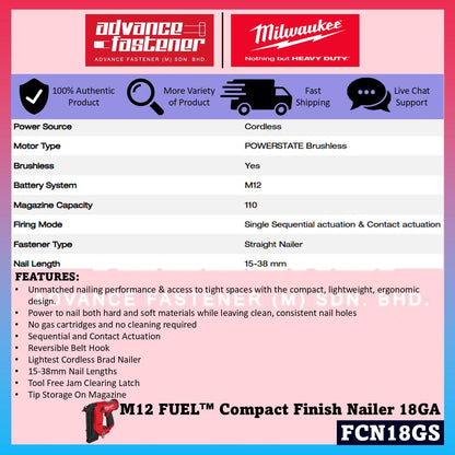 Milwaukee FCN18GS-601X / FCN18GS-0X0 M12 FUEL Compact Finish Nailer 18GA