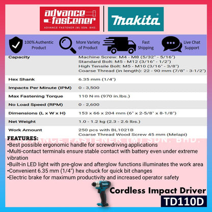 *Super Value* Makita 12Vmax Cordless Combo H ( TD110DZ Cordless Impact Driver + JV101D Cordless Jig Saw )
