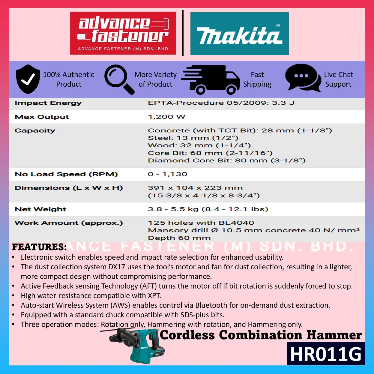 MAKITA HR011GM202 / HR011GZ 40Vmax Cordless 3-Modes Combination Hammer 28MM (1-1/8")