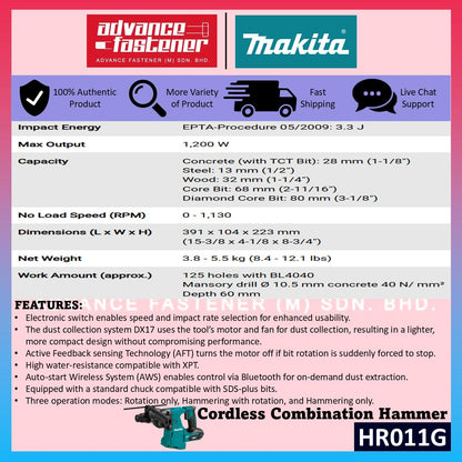 MAKITA HR011GM202 / HR011GZ 40Vmax Cordless 3-Modes Combination Hammer 28MM (1-1/8")