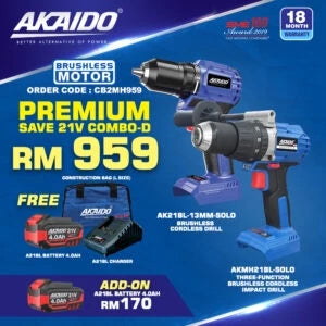 Akaido CB2MH959 PREMIUM SAVE COMBO 21V ( AKMH21BL Impact Driver / AK21BL-13mm Drill )
