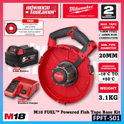 Milwaukee FPFT-501 / FPFT-0 M18 FUEL Powered Fish Tape Kit w/ FPFT18ACCY01 30m x 6mm Non-Conductive Powered Fish Tape Replacement Cartridge