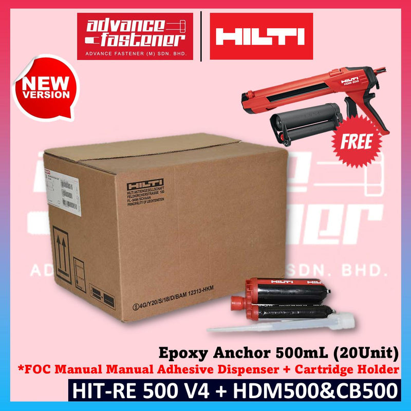 Hilti HIT-HY 200-R V3 / HIT-RE 500 V4 / HIT-RE 100 Epoxy Anchor 20 unit ( RE500 / RE100 / HY200 ) **FOC HDM500 + CB500 / CR500 Manual Adhesive Dispenser + Cartridge Holder