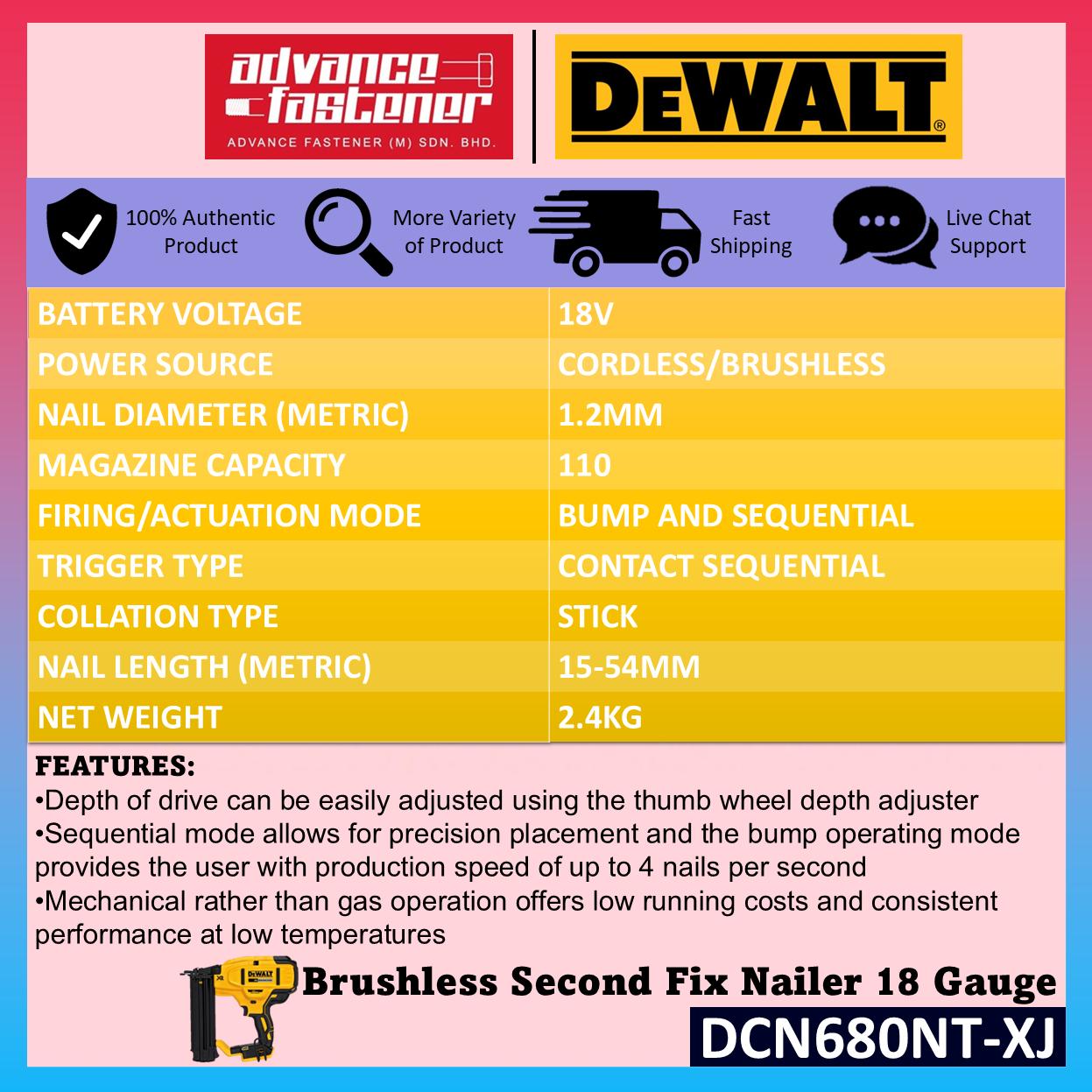 DeWalt DCN680NT-XJ 18V XR Brushless Second Fix Nailer 18 Gauge