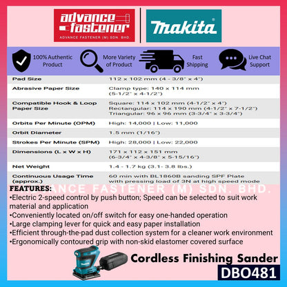 Makita 18V LXT Cordless Combo ( DBO481 Finishing Sander / DBO180 Random Orbit Sander )