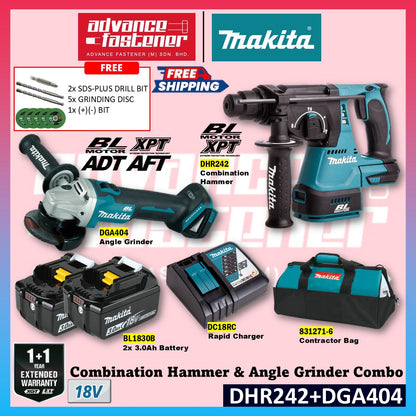 MAKITA 18V Cordless Combo Set ( DHR242 18V Cordless Combination Hammer DHP482 18V Cordless Hammer Driver Drill DGA404 18V Cordless Angle Grinder DTD156 18V Cordless Impact Driver )
