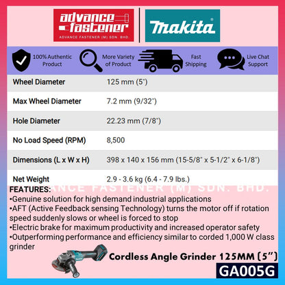 MAKITA GA005GM201 / GA005GZ 40V Cordless Angle Grinder 125MM ( 5" ) ( Top Slide Swtich )