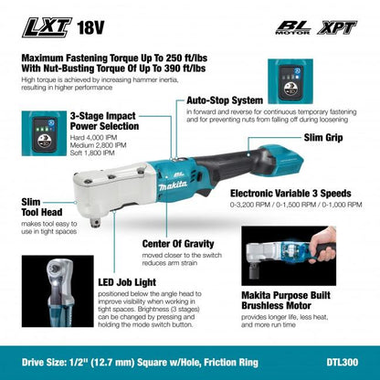 Makita DTL300 / DTL300Z 18V Cordless Angle Impact Wrench 12.7MM (1/2") (Brushless)