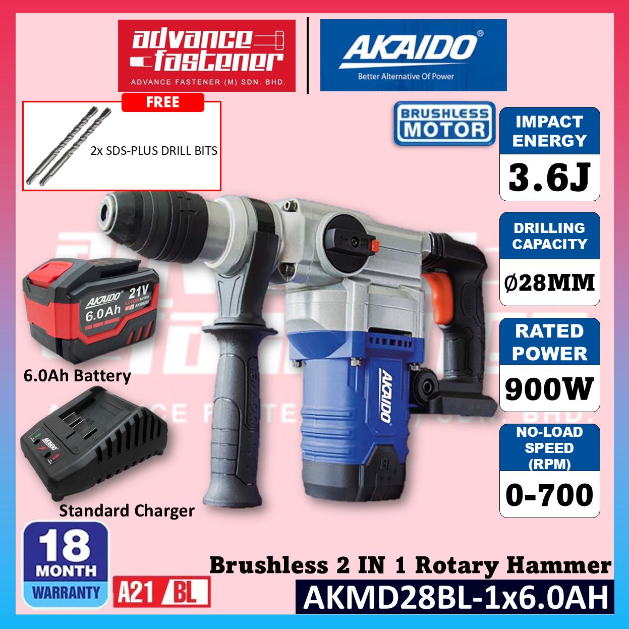 Akaido AKMD28BL 21V Brushless Cordless 2 IN 1 Rotary Hammer 28MM 3.6J