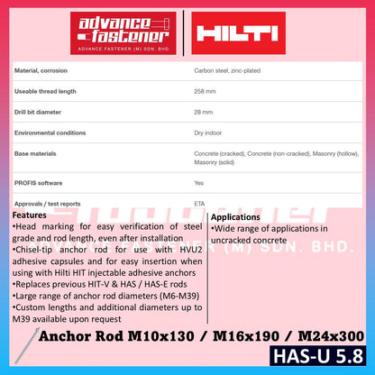 HILTI HAS-U 5.8 Anchor Rod M10 x 130 / M16 x 190 / M24 x 300 (5.8 Carbon Steel, Zinc-Plated)