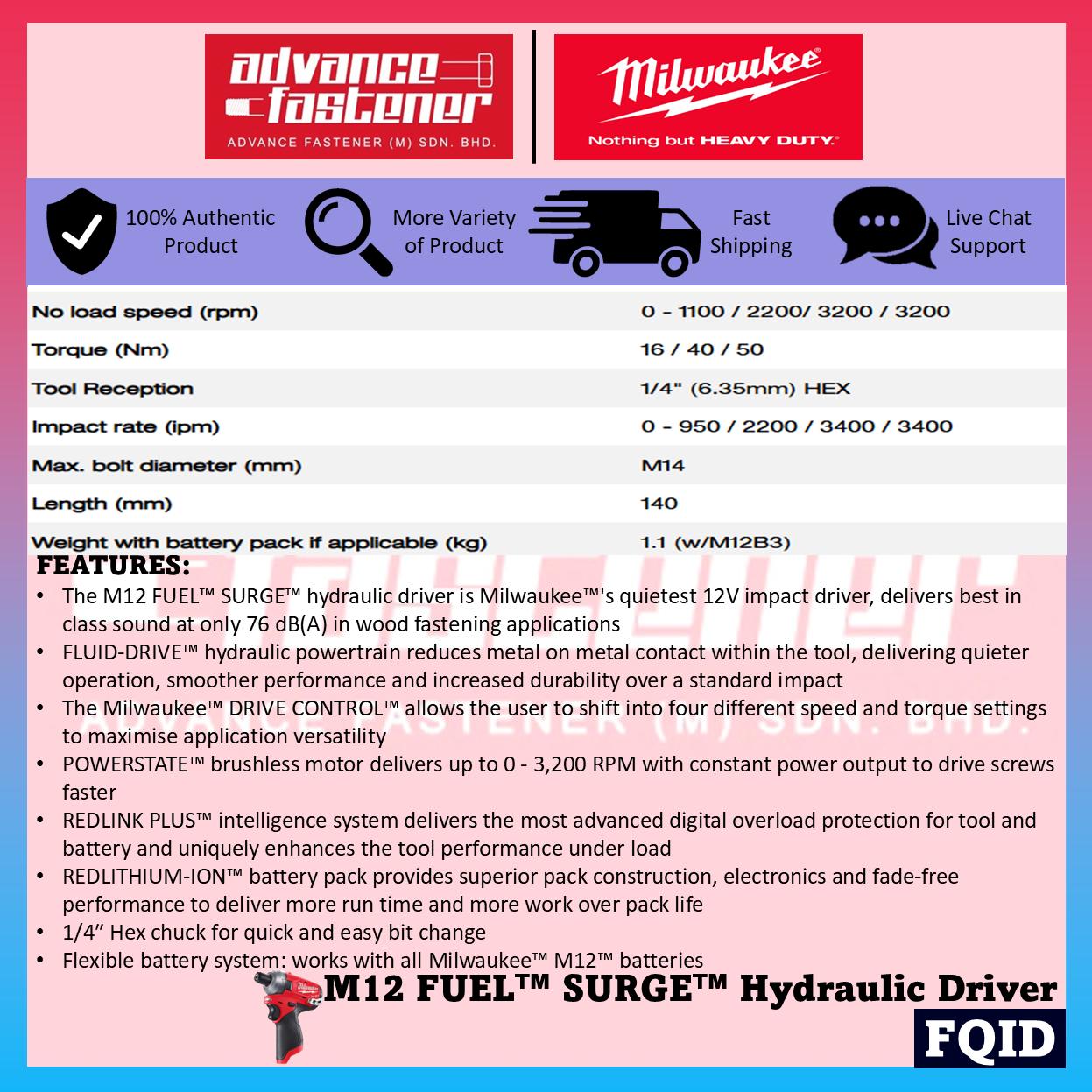 Milwaukee FQID-501 / FQID-0 M12 FUEL SURGE Hydraulic Driver 6.35MM (1/4") HEX