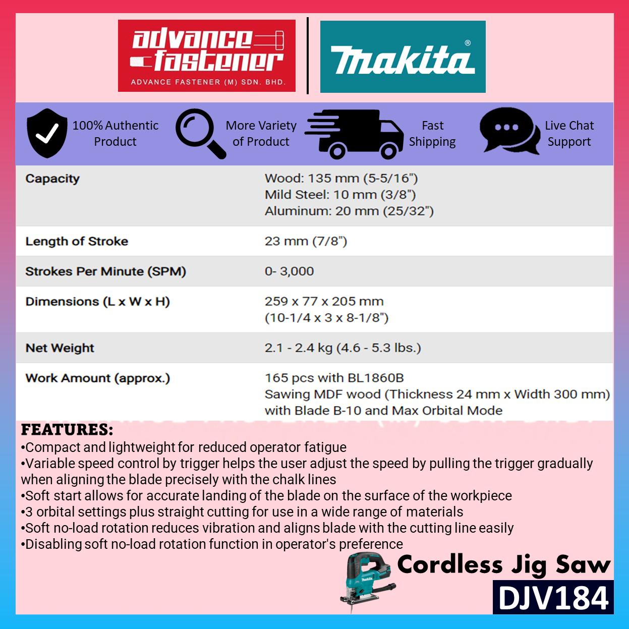 MAKITA DJV184RFJ / DJV184Z 18V Cordless Jig Saw