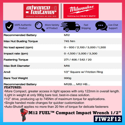 Milwaukee M12 COMBO ( FHAC16 Compact Rotary Hammer / FCOT Subcompact Cut-Off Saw / BLPDRC Percussion Drill / FIW2F12 Compact Impact Wrench / FPD2 Percussion Drill/Driver