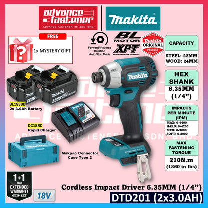 Makita DTD201RTJ / DTD201Z 18V Cordless Impact Driver 6.35 mm (1/4") (Brushless)