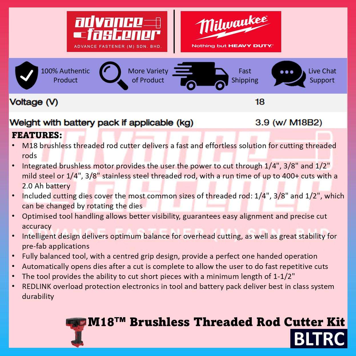 Milwaukee BLTRC-301C / BLTRC-0C M18 Brushless Threaded Rod Cutter Kit with BLTRC18ACCY01 Cutting Die 1/4" 3/8" 1/2"